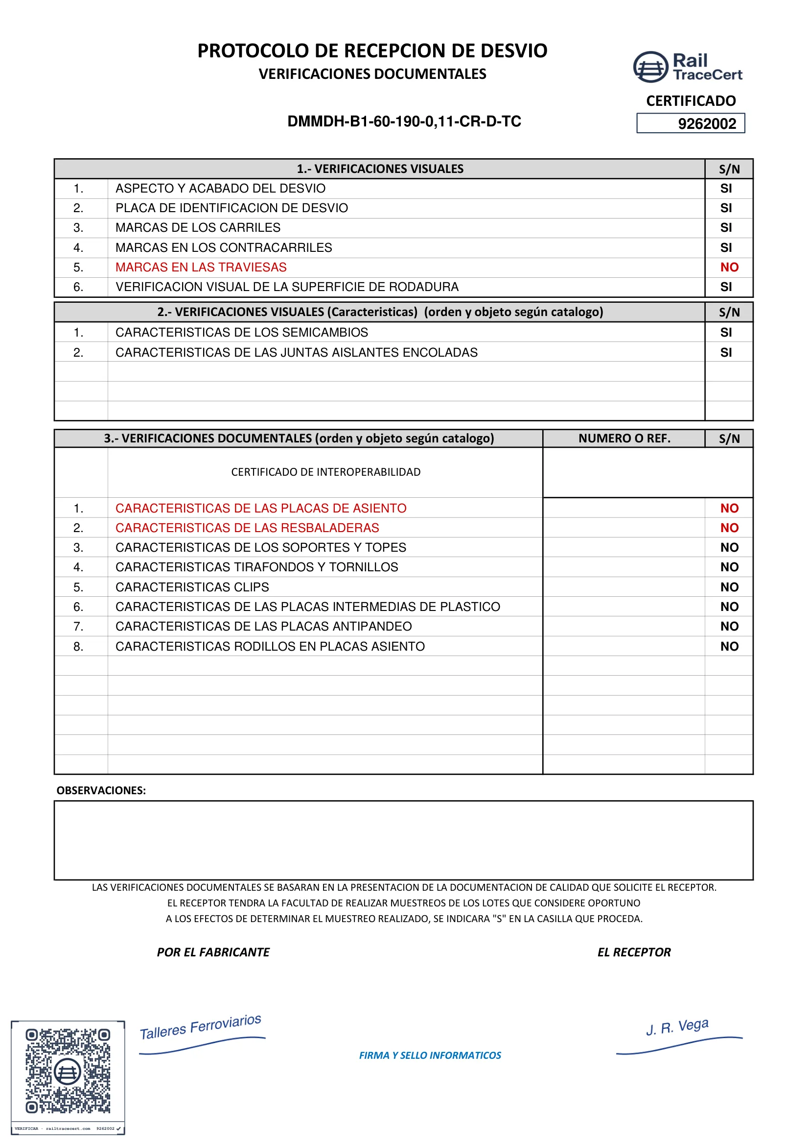 Hoja de verificaciones documentales: comprobaciones visuales y documentación exigida, con las casillas SI y NO