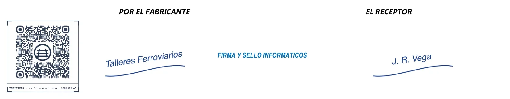 Cierre de una hoja del certificado: el QR de verificación, el sello del fabricante y la firma del receptor