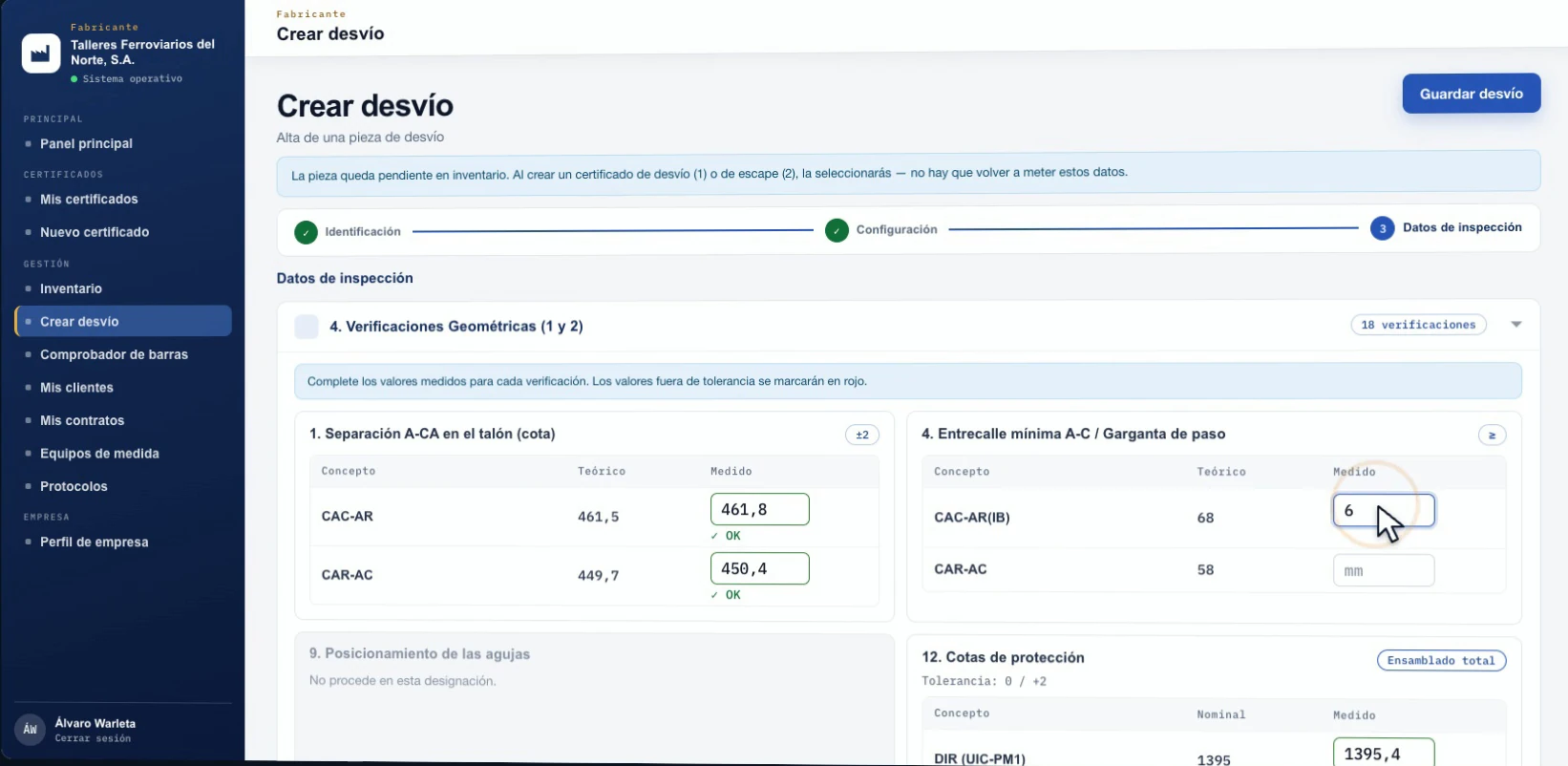 Alta de una pieza de desvío en el sistema: el asistente con las verificaciones geométricas y sus valores en OK
