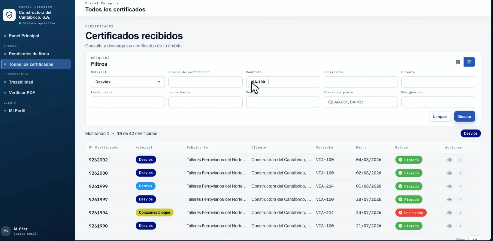 Explorador de certificados con filtros por número, cliente, colada y estado