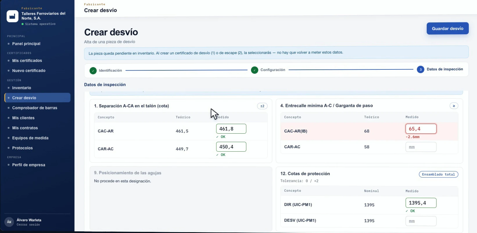 Verificaciones geométricas con un valor fuera de tolerancia marcado en rojo por el sistema