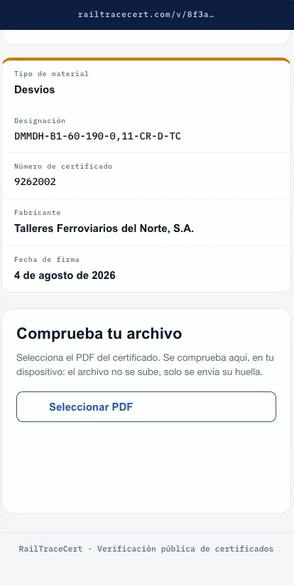 Pantalla pública de verificación de RailTraceCert: tipo de material, designación, número de certificado, fabricante y fecha de firma