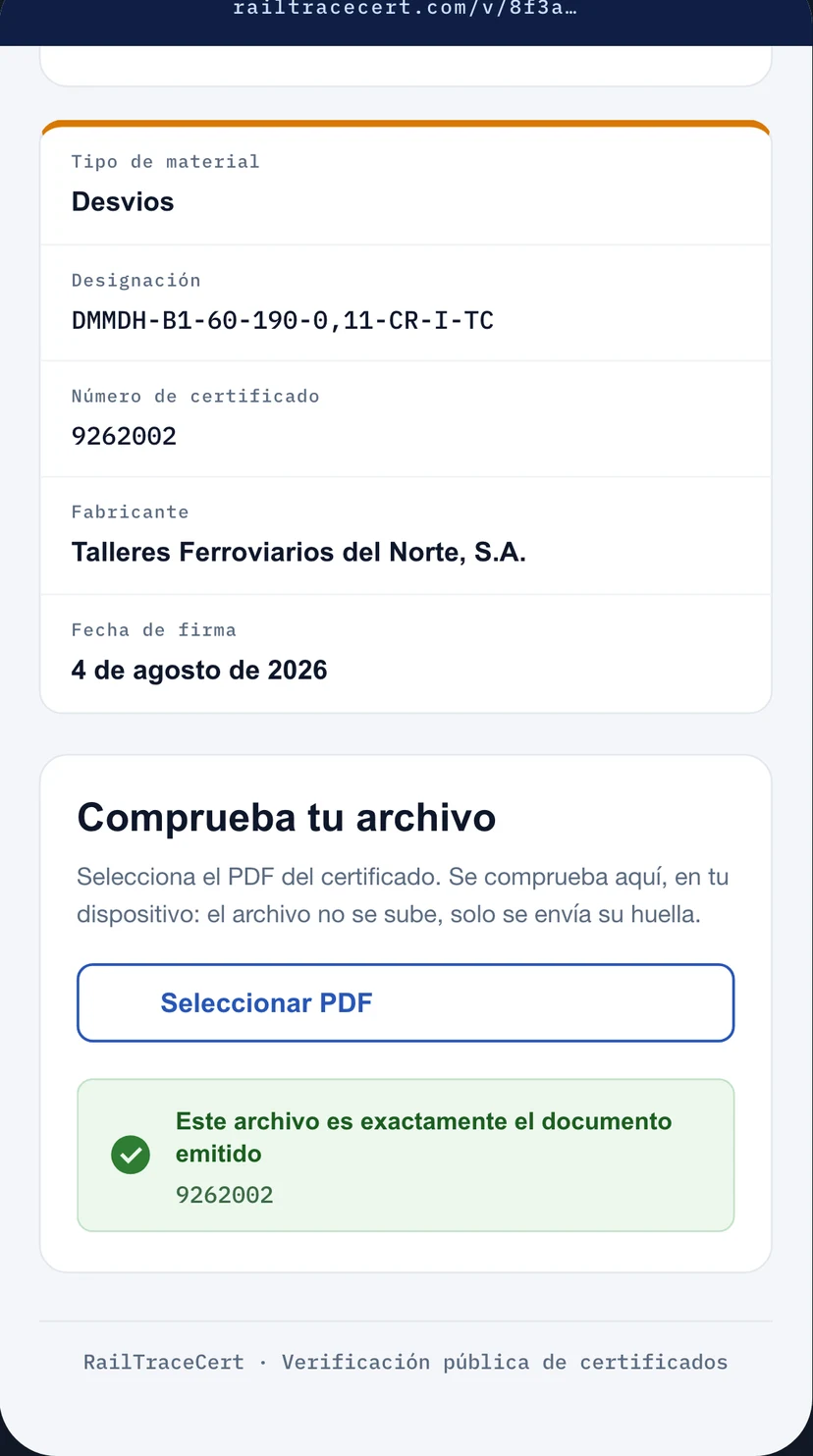 La verificación pública con el archivo comprobado: «Este archivo es exactamente el documento emitido»
