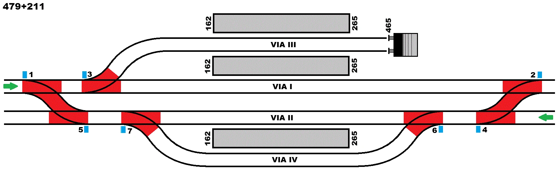 Plano esquemático de una estación con sus vías, andenes y agujas numeradas, cargado en el sistema